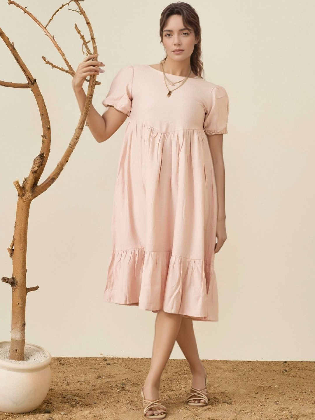 DressBerry Pink Puff Sleeve Layered A-Line Midi Dress