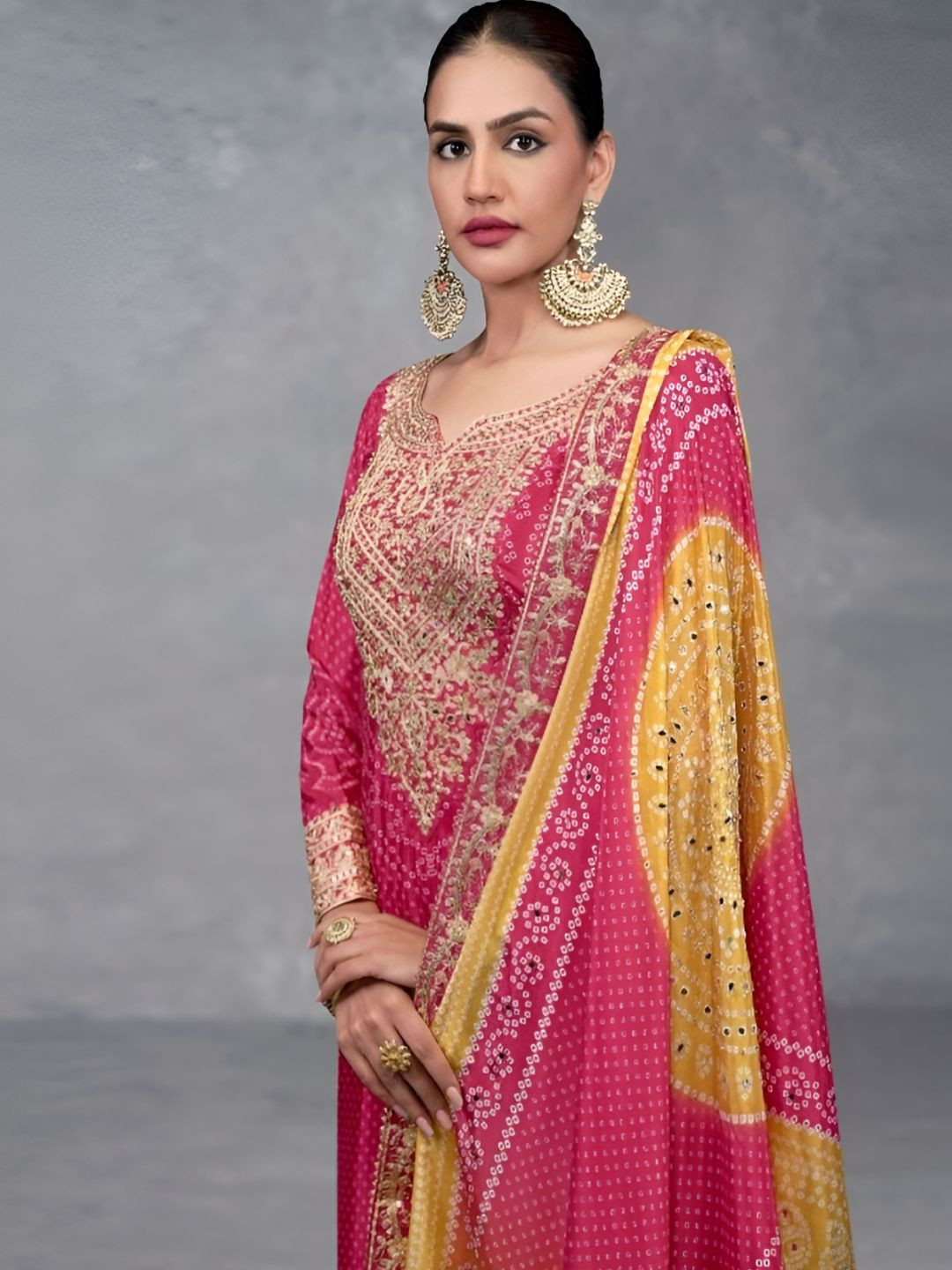 AUTUMN LANE Dhunki Rose Bandhani Printed Zari Straight Kurta With Palazzos & Dupatta