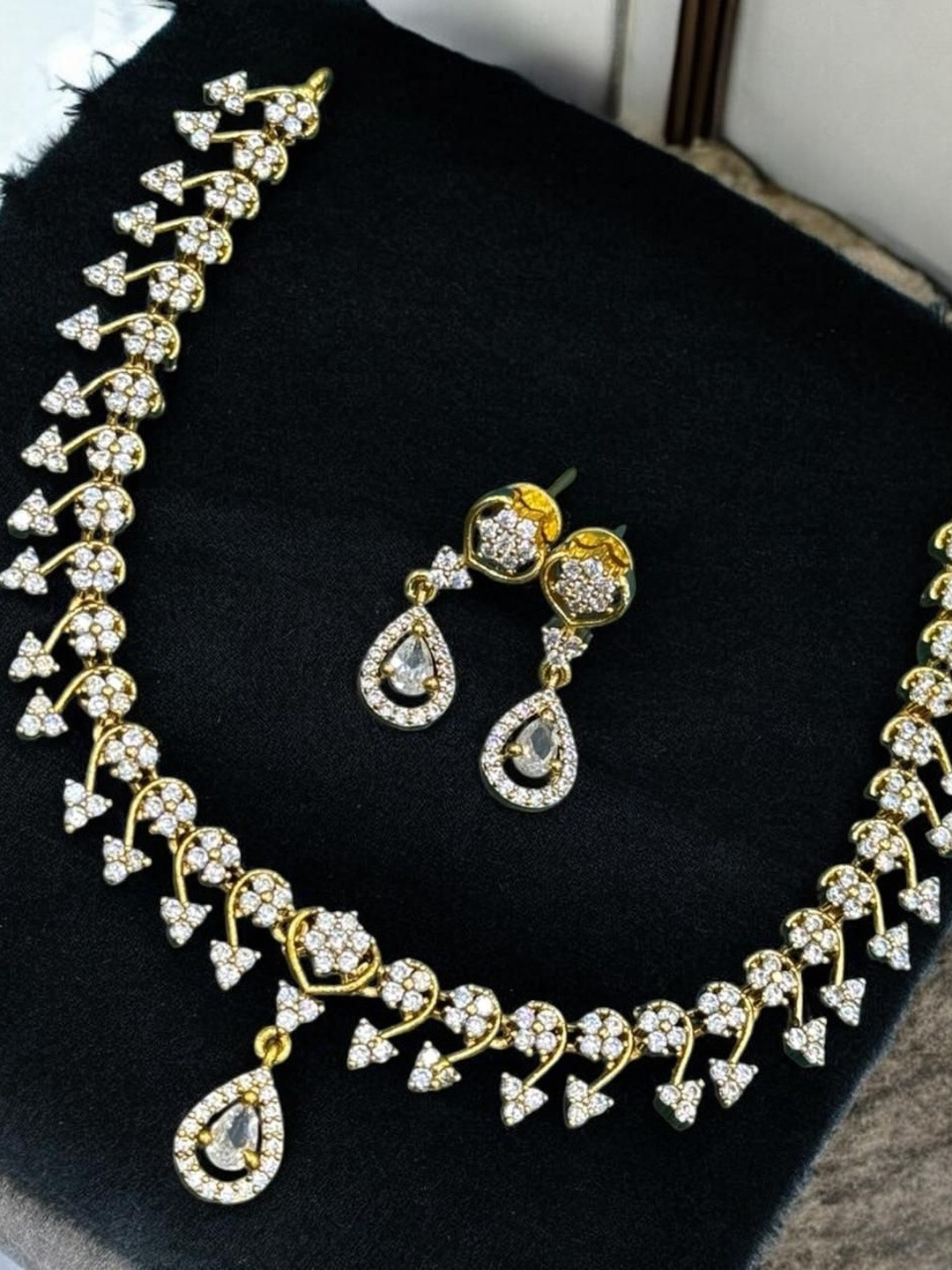DIMMY Gold Plated American Diamond Studded Necklace With Earrings