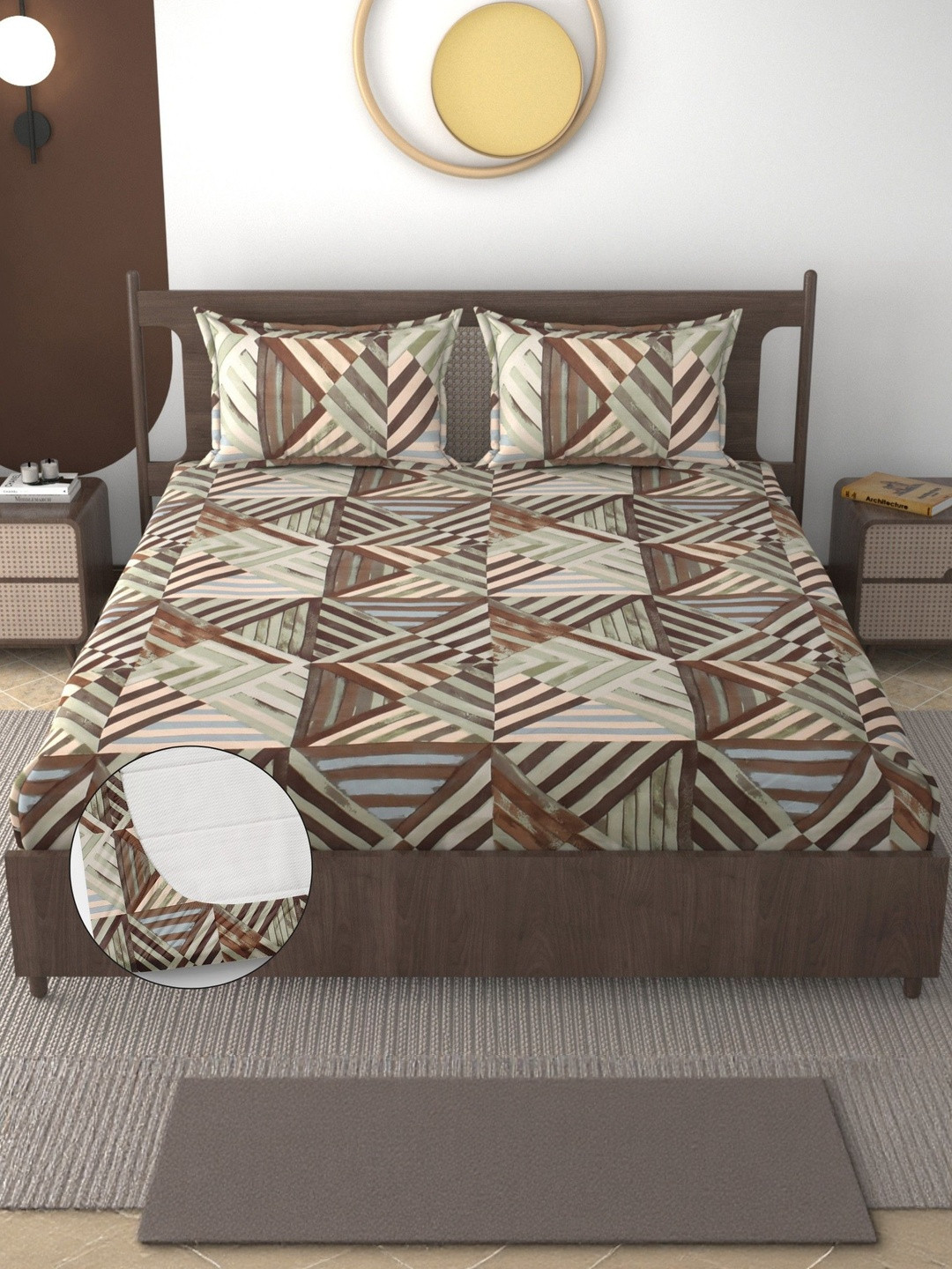 FURNOFY Brown & Beige Conversational Bedsheet with 2 Pillow Covers