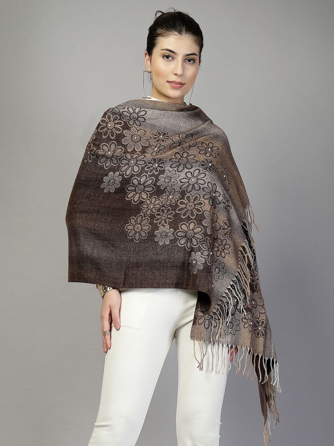 Mafadeny Floral Patterned and Beaded Shawl with Fringe Border
