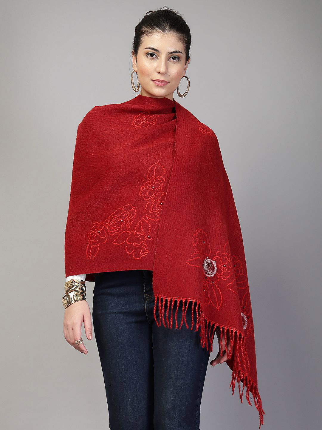 Mafadeny Women Floral Embroidered Shawl with Small beads