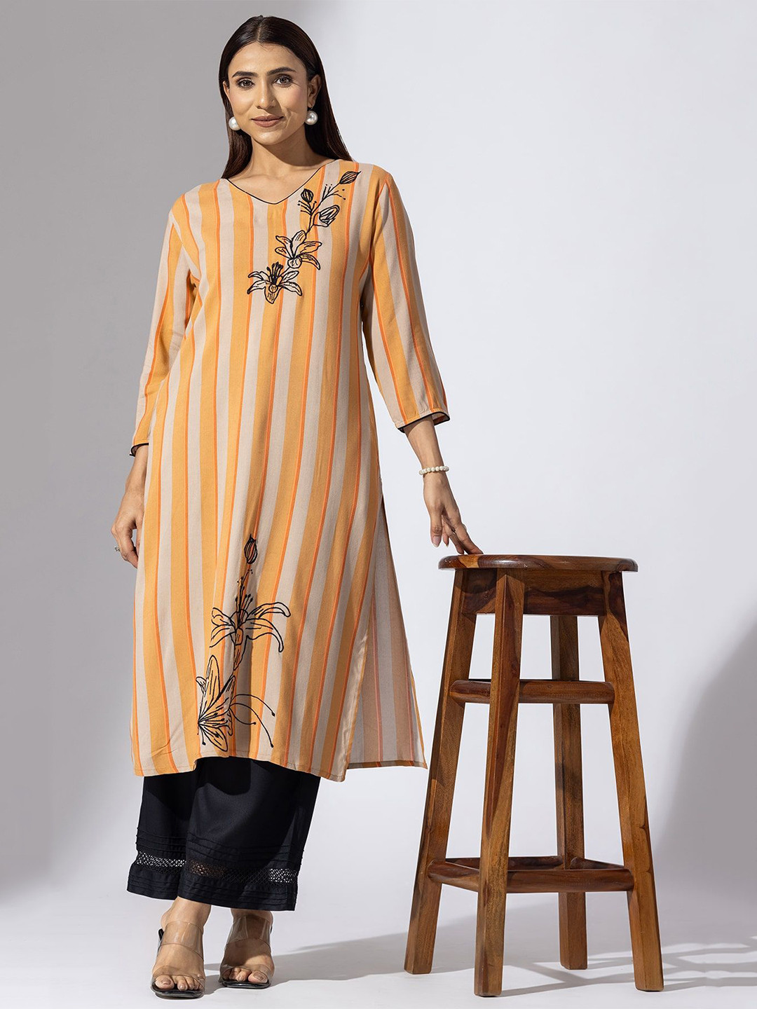 Mustard Striped V-Neck Thread Work Kurta