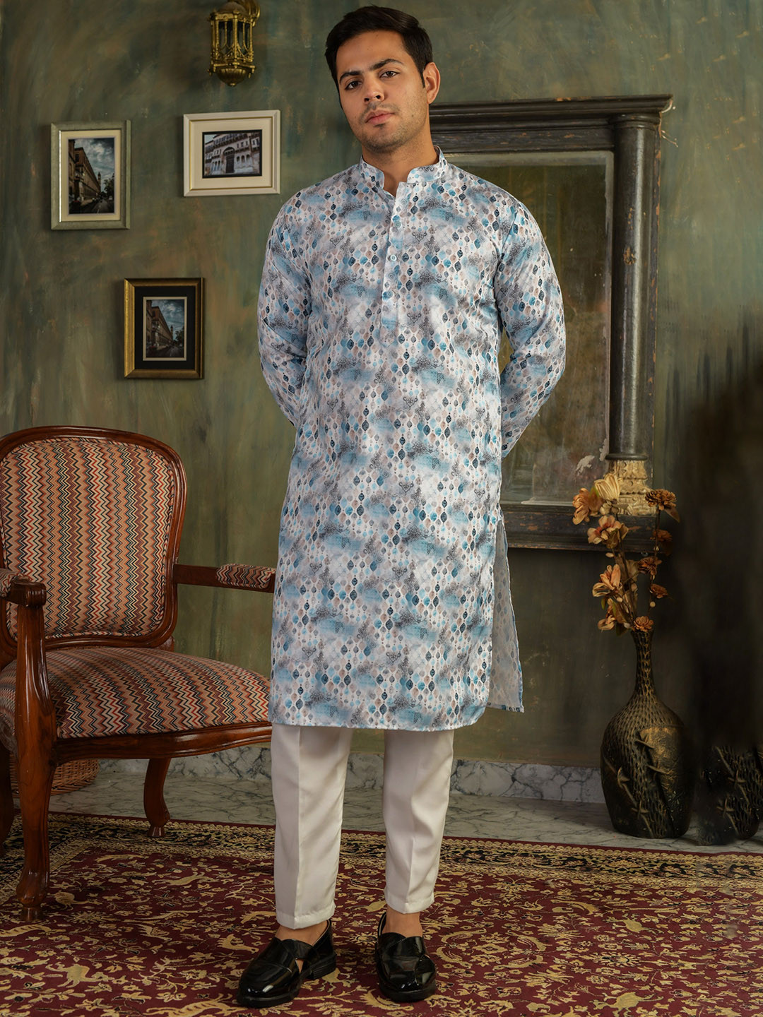 LEMONX Men Geometric Printed Kurta with Pyjamas
