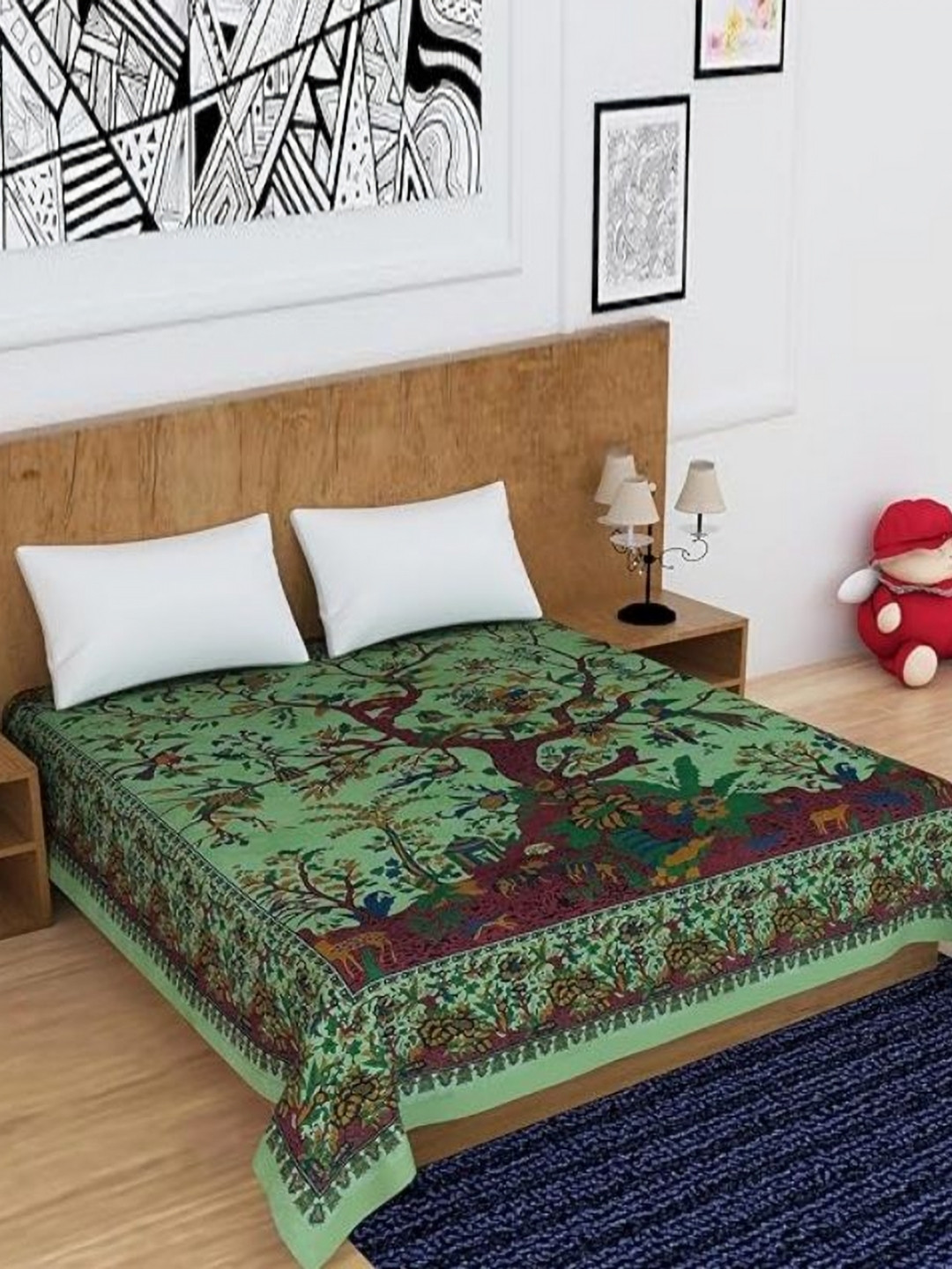 POSHMANDALA Green & Red Floral 120 TC Cotton Double Bedsheet