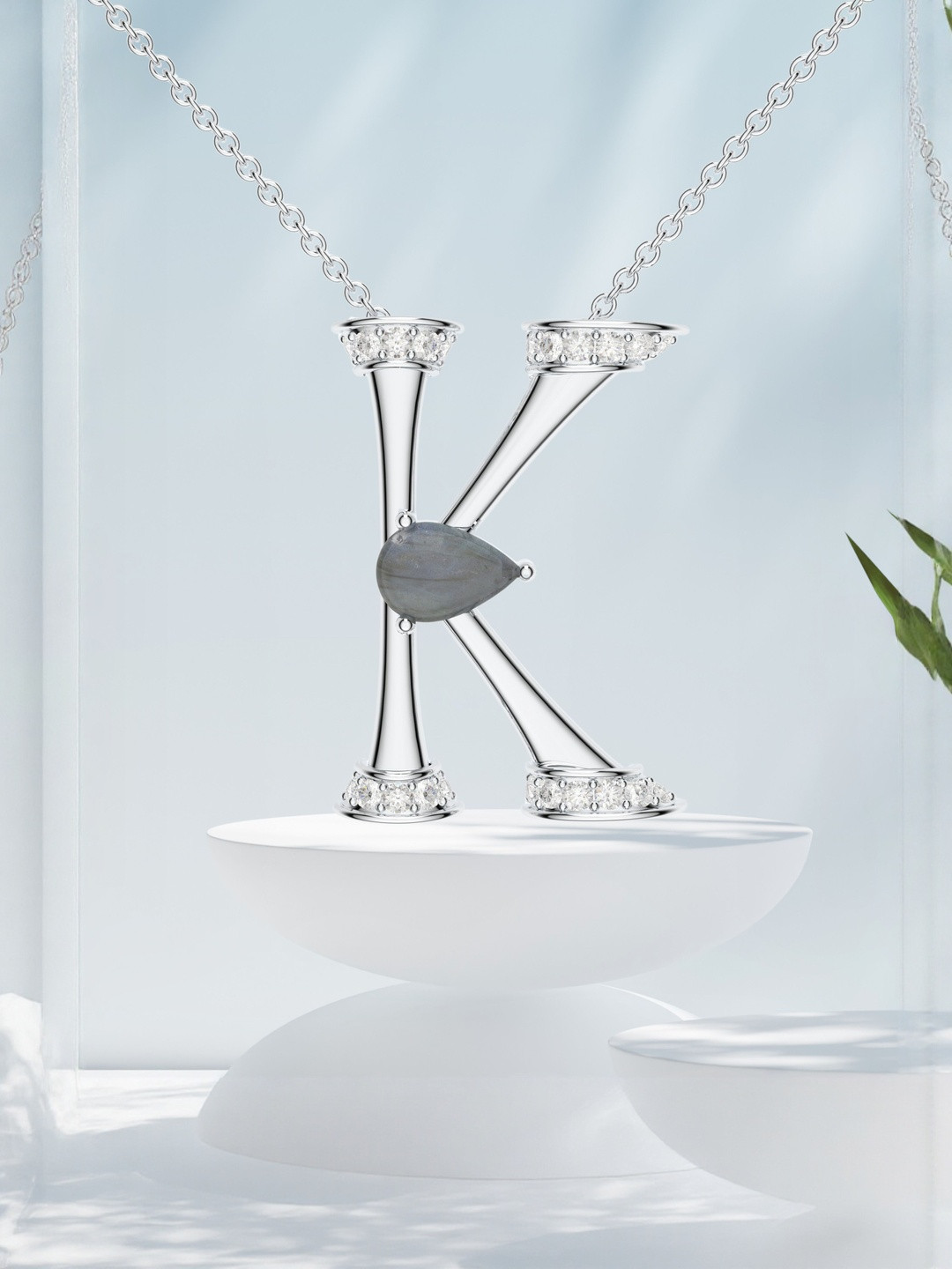 Kicky And Perky 925 Sterling Silver Rhodium-Plated Stones Studded K Pendant With Chain