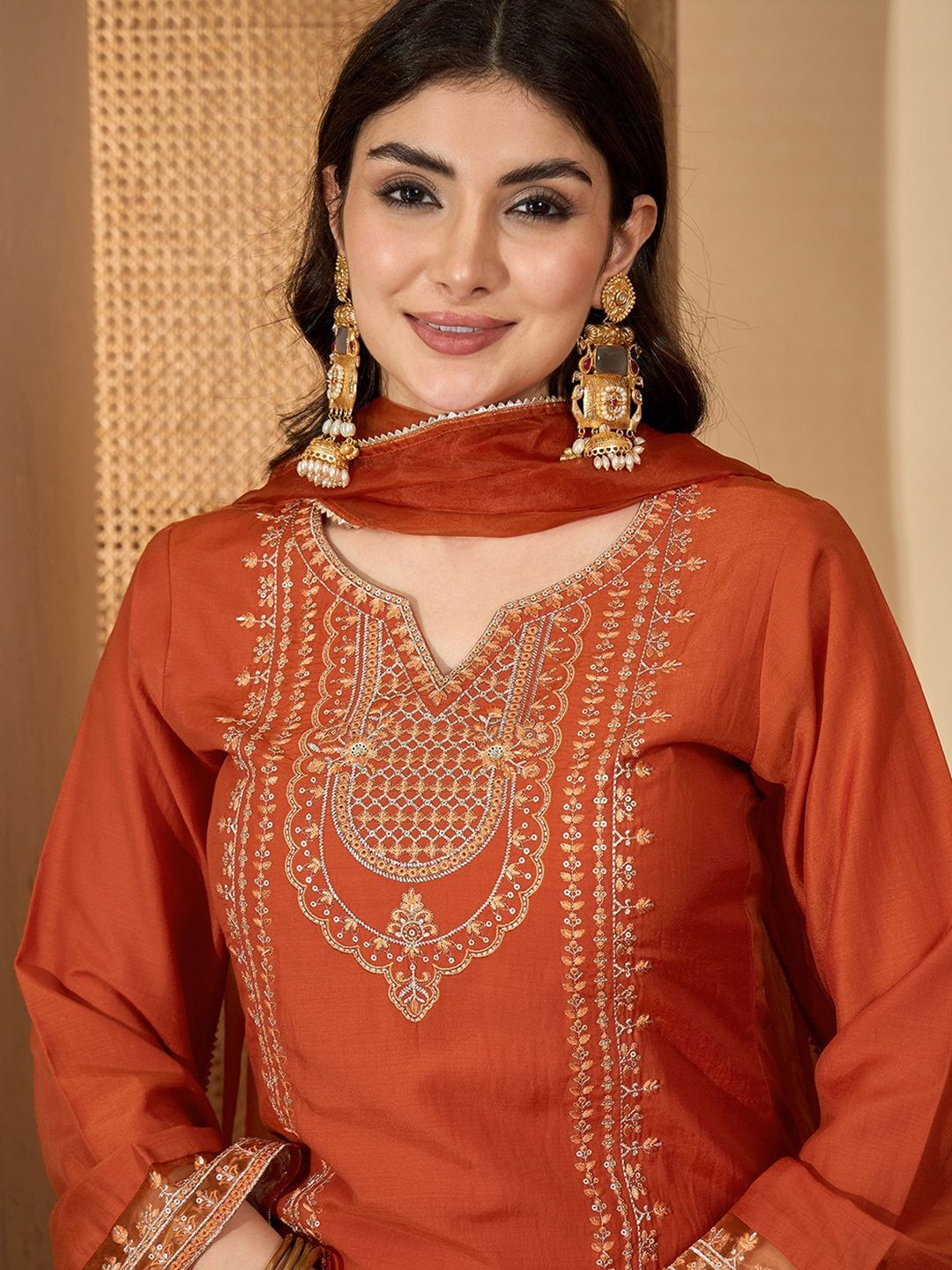 Sangria Women Orange Chinon Silk Blend Zari Sequence Embroidered Thread Work Kurta Set