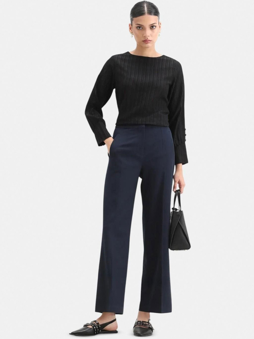 RAREISM Women Srait Navy Primary Trousers
