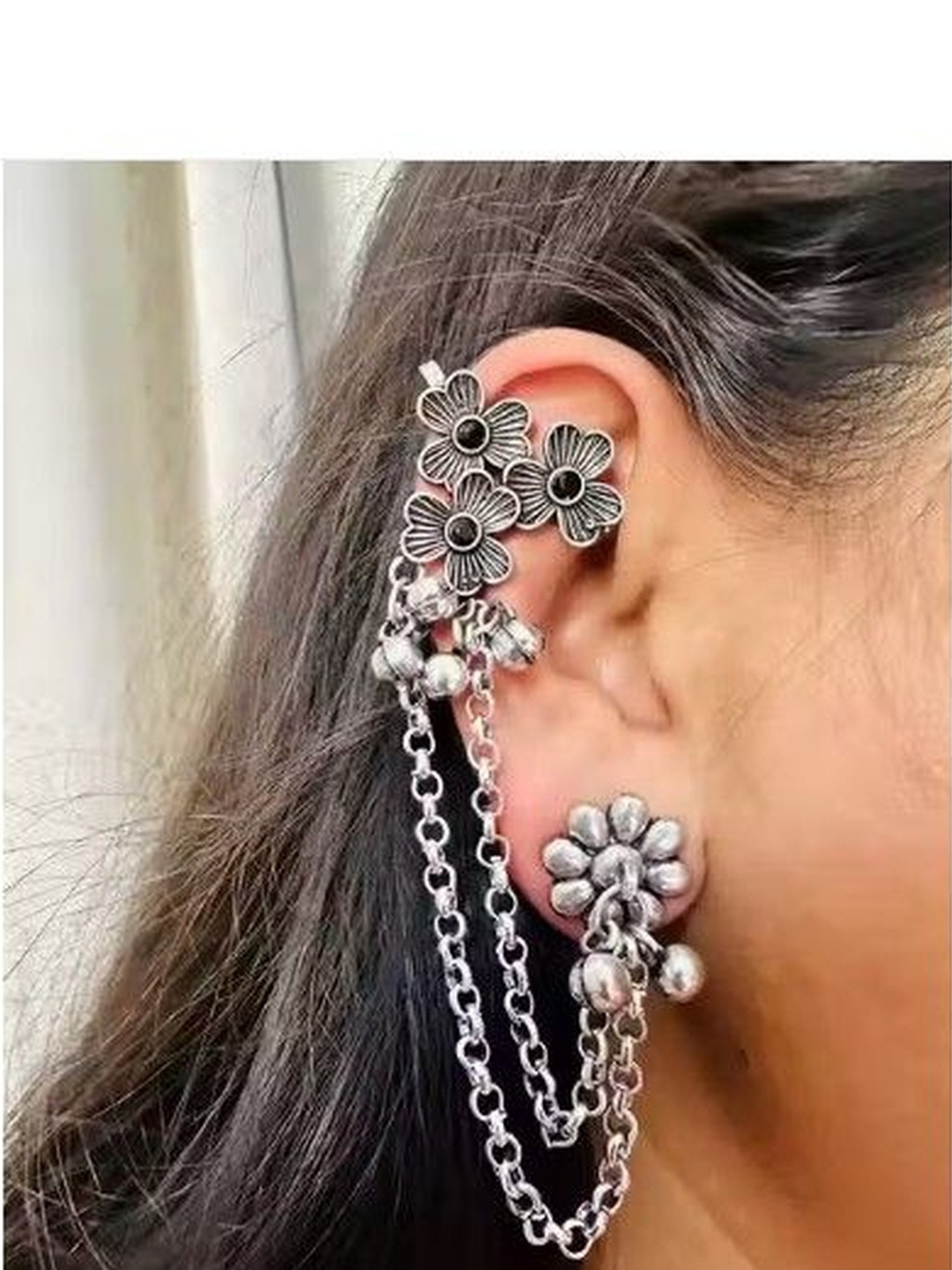 Sangria Women Oxidised Ear Cuff With Hanging Chain Earrings