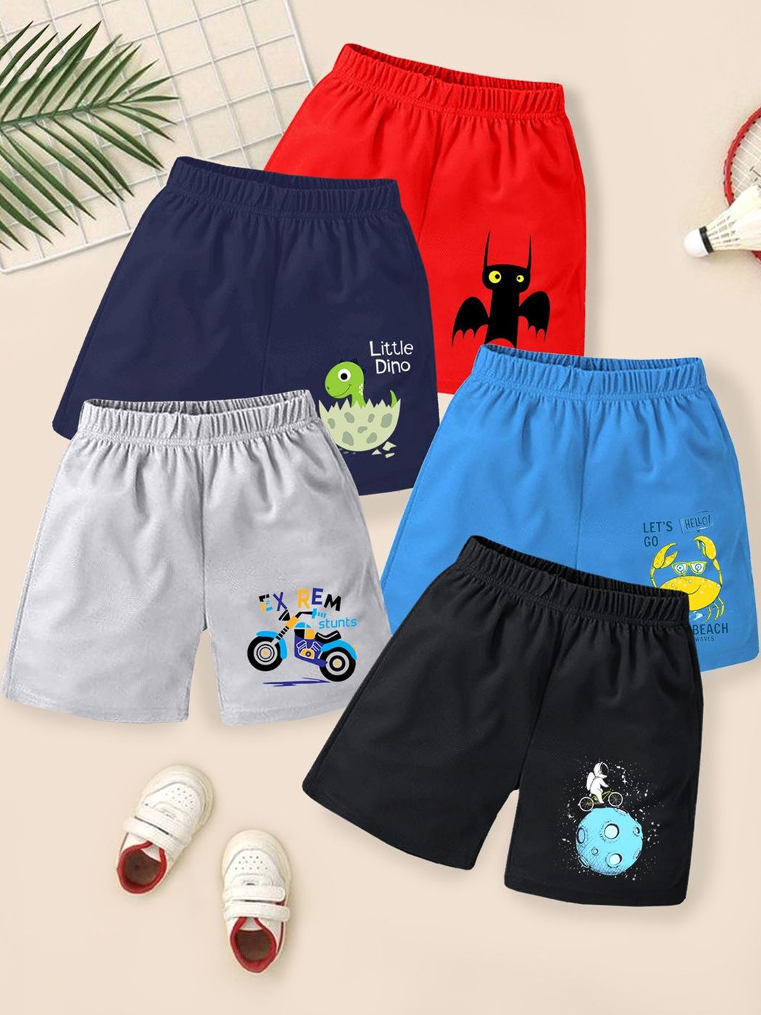 YK Boys Pack Of 5 Multi Color Graphic Printed Casual Mid-Rise Cotton Shorts