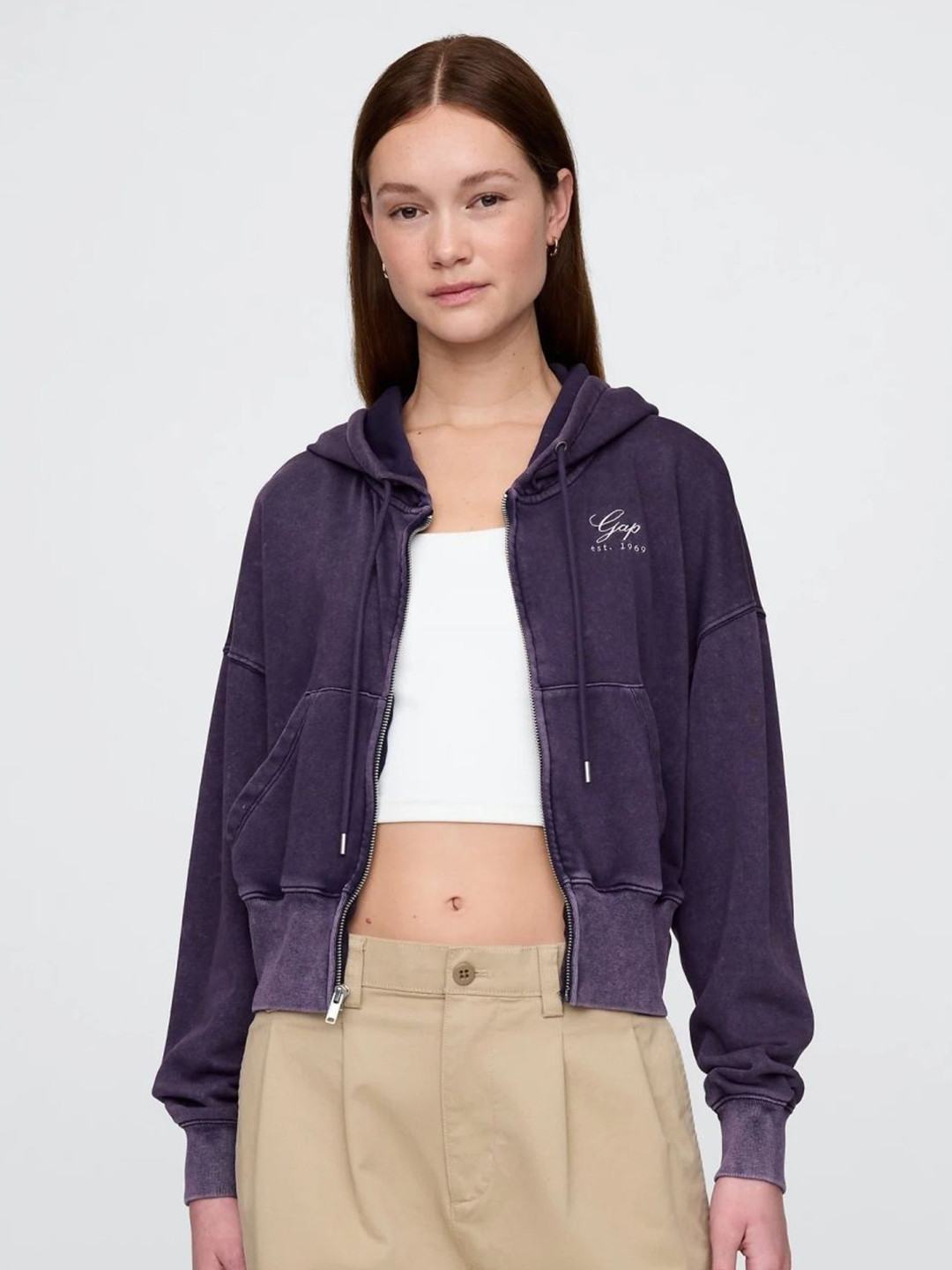 GAP Women Brand Logo Printed Loose Fit Hooded Front-Open Sweatshirt