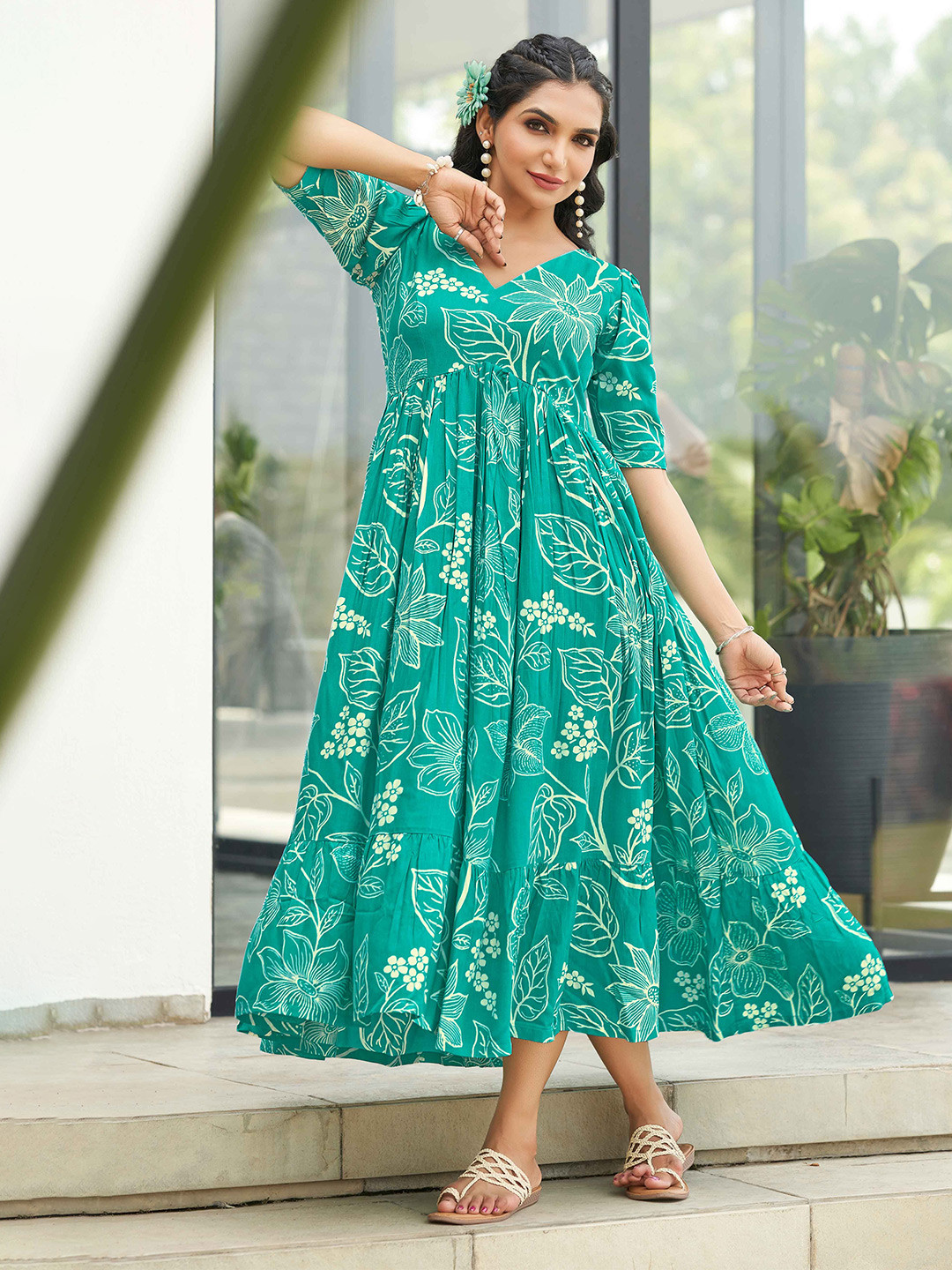 ODD BY chansi TRENDZ Women Turquoise Blue Floral Printed Fit & Flare Midi Dress
