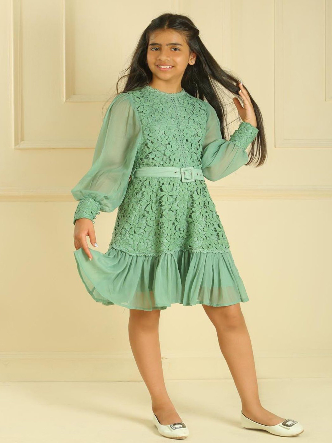 LH LUXURY FASHION  Girls Self Design Tiered Fit and Flare Dress Comes with a belt