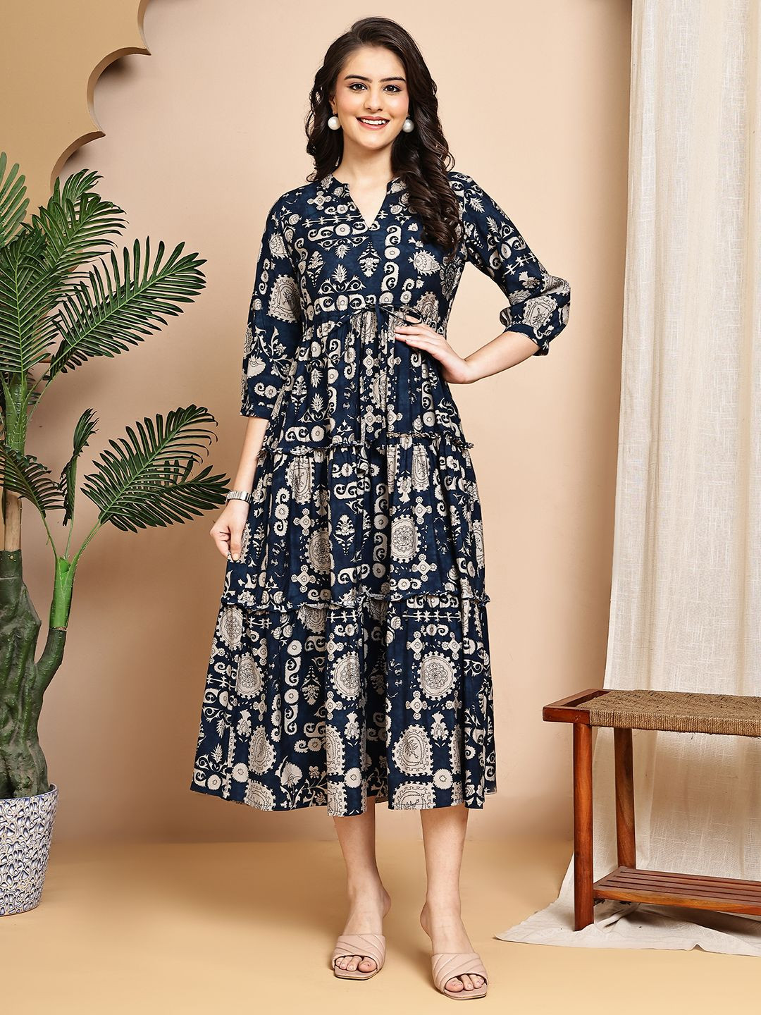 Claura Women Floral Print Navy Blue Printed Fit and Flare Silk Midi Dress