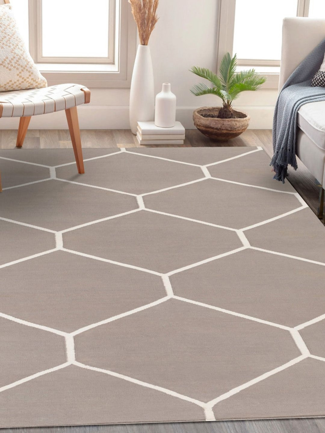 Surya Living Taupe Geometric Anti-Skid Cotton Carpet
