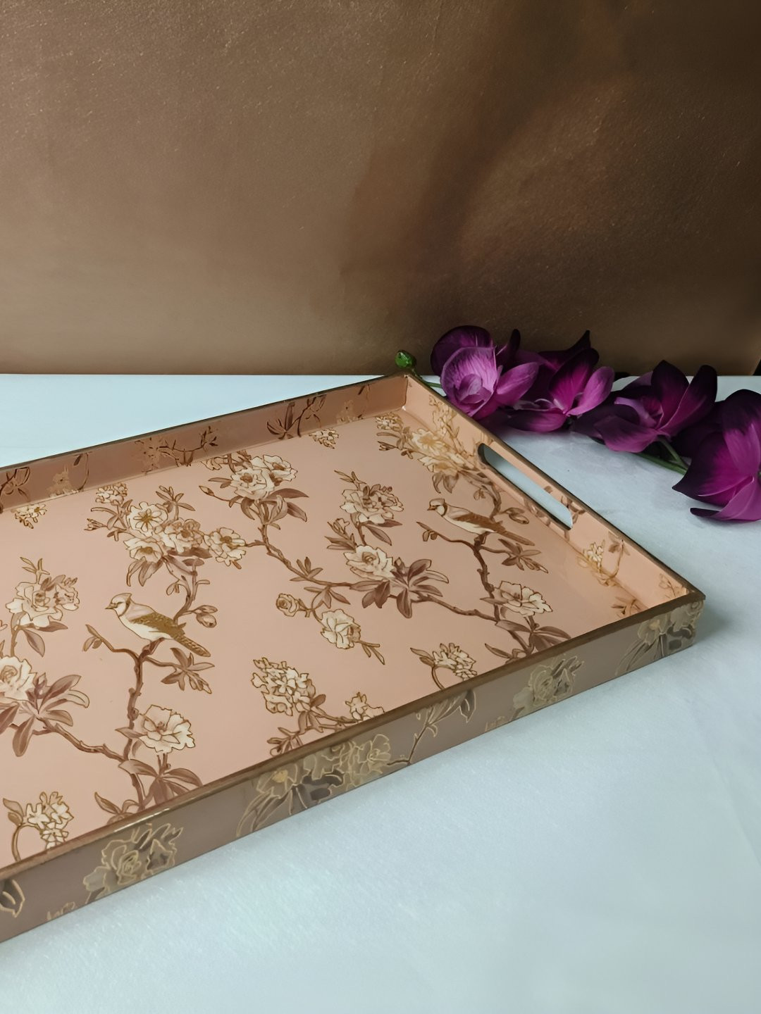 THE HOME CO. Peach-Coloured Bird Printed Wood Dishwasher And Microwave Safe Serving Tray