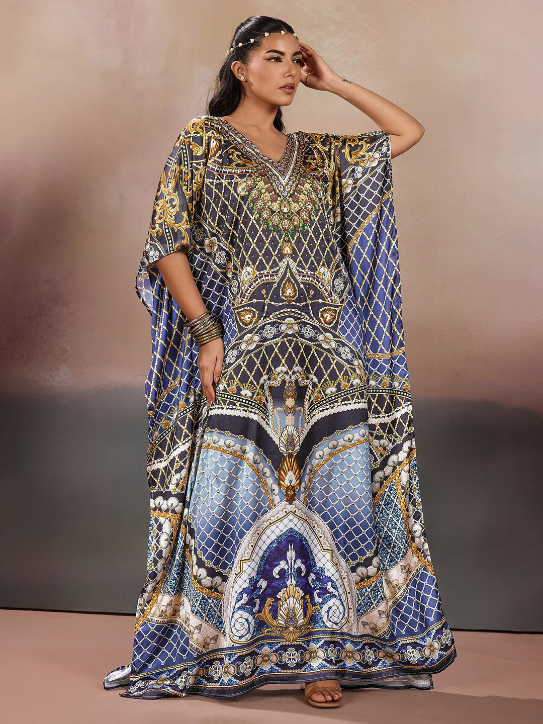 LABEL AARNA Women Printed Deep Jewel Soft Satin Kaftan Dress With Rhinestone