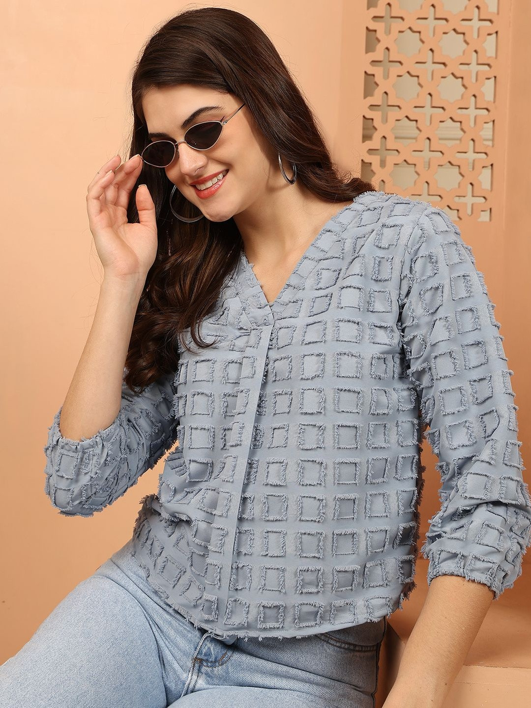 HERE&NOW Women Blue Square Design V-Neck Polyester Three-Quarter Sleeves Causal Tops