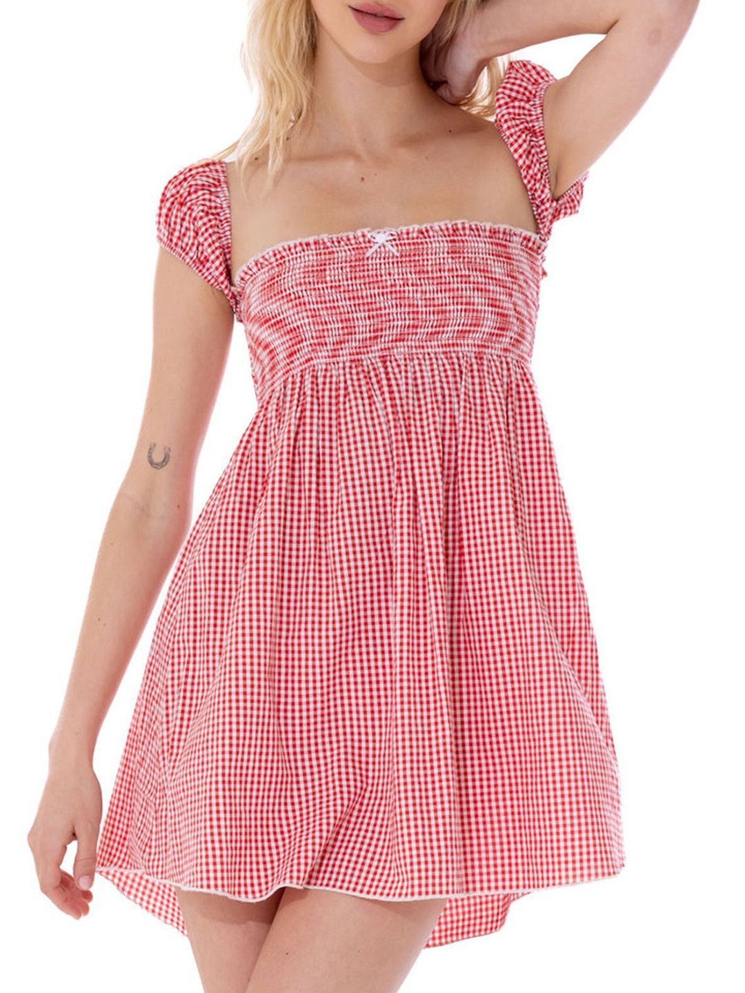 Outzidr Women Checked Square Neck Cap Sleeves Smocked Fit And Flare Mini Dress