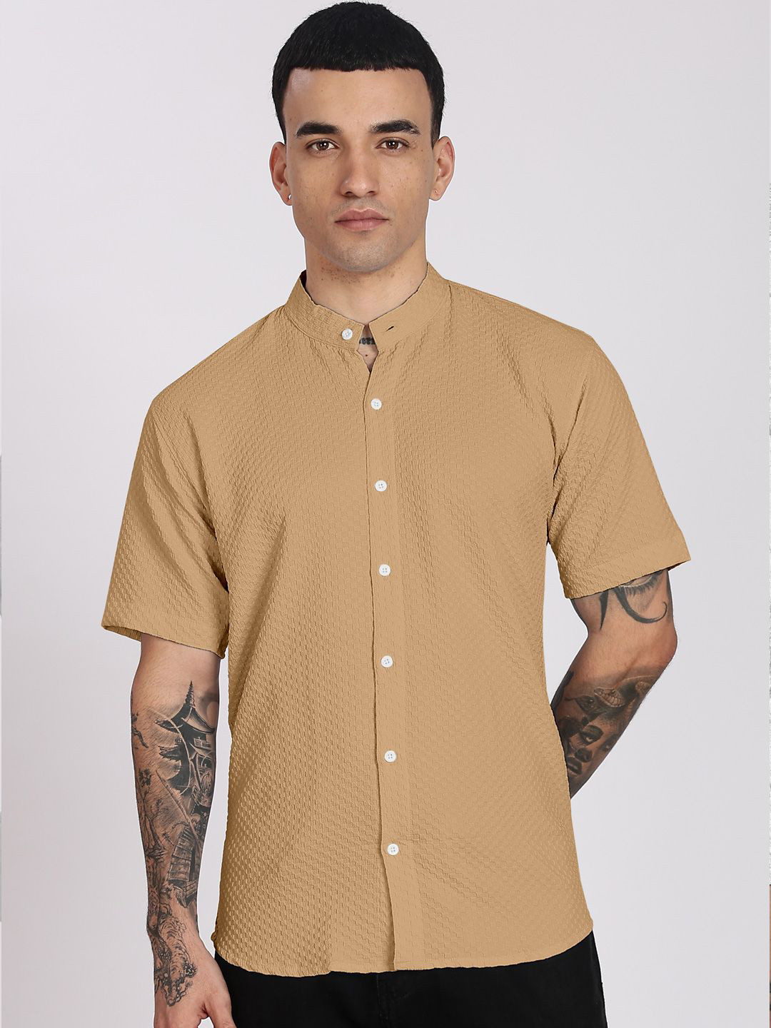 Urban Buccachi Men Comfort Fit Textured Mandarin Collar Casual Shirt
