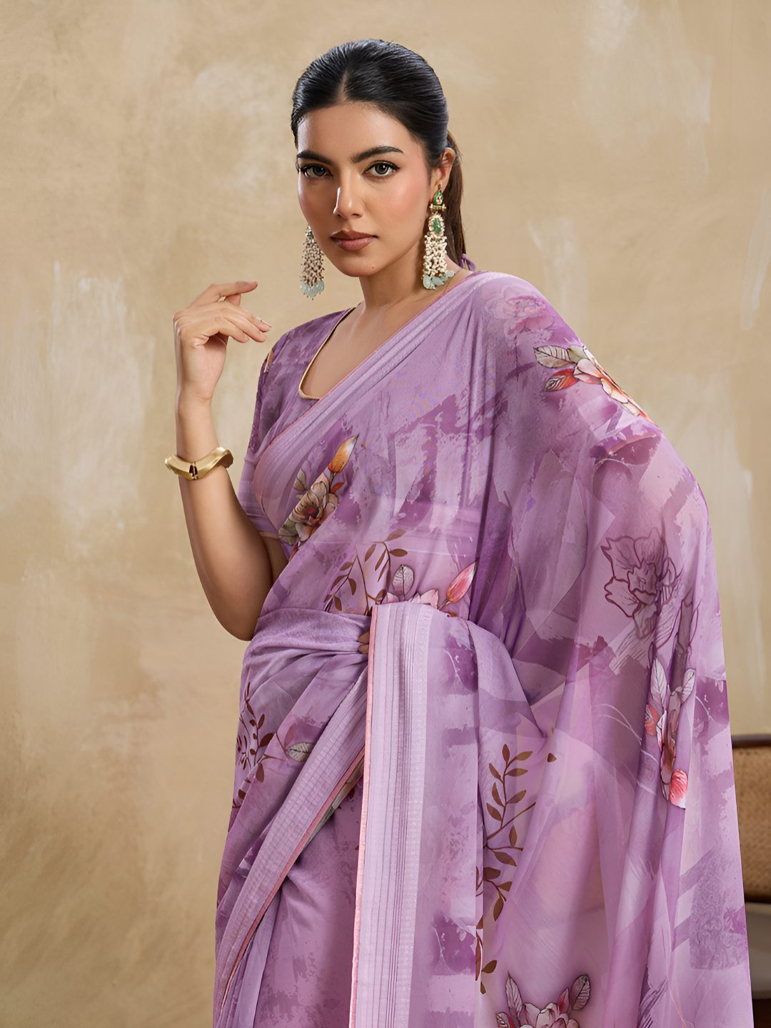 100 Dreams Floral Printed Striped Border Pure Georgette Saree