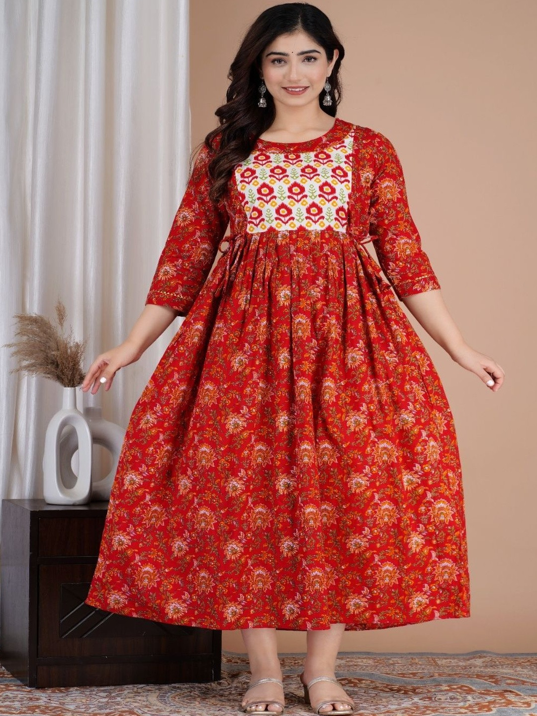 Style Heaven Women Red Floral Printed Pure Cotton Maternity Kurti