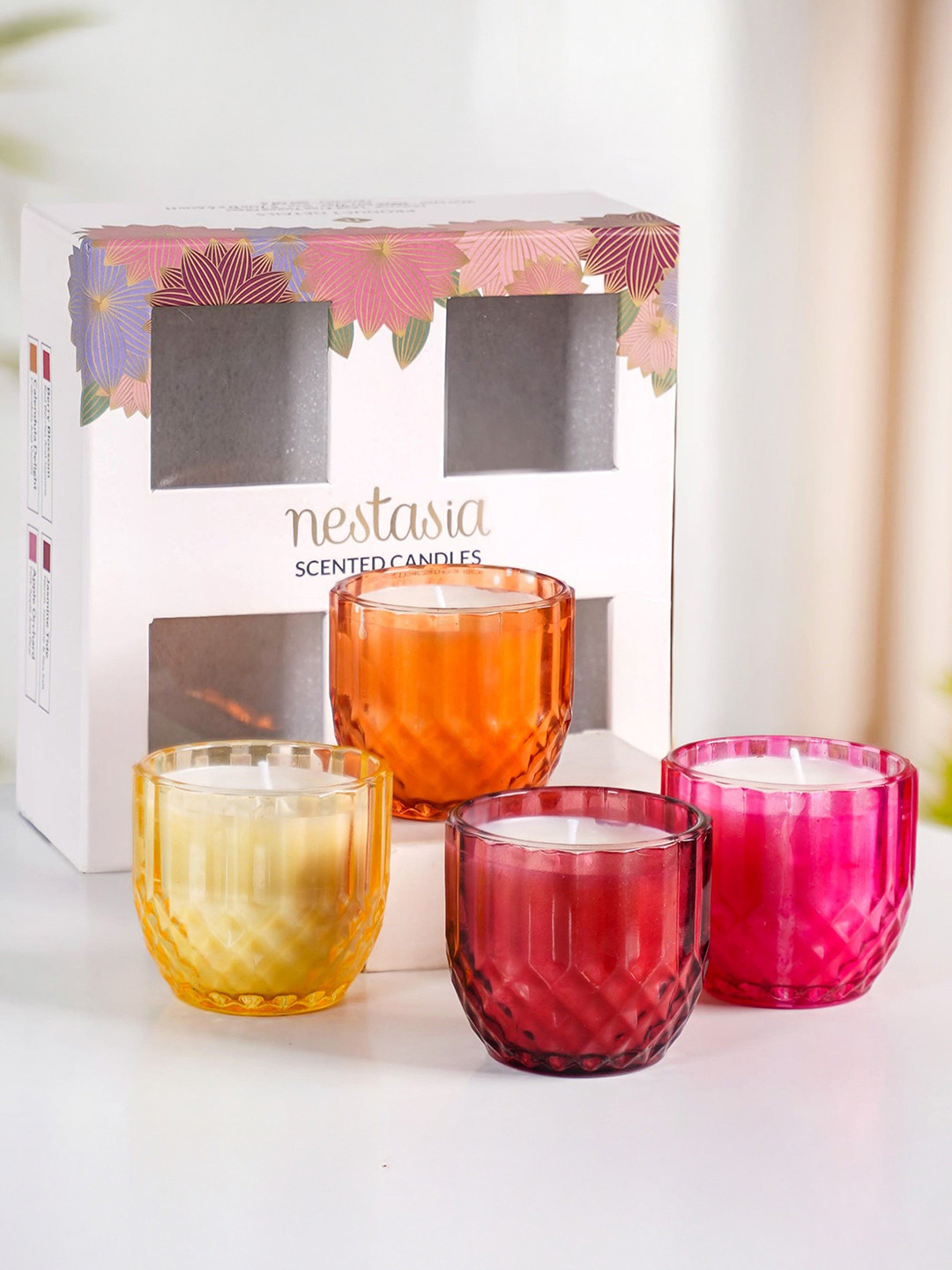 Nestasia Yellow & Pink 4 Pieces Citrus And Spice Scented Textured Jar Candles