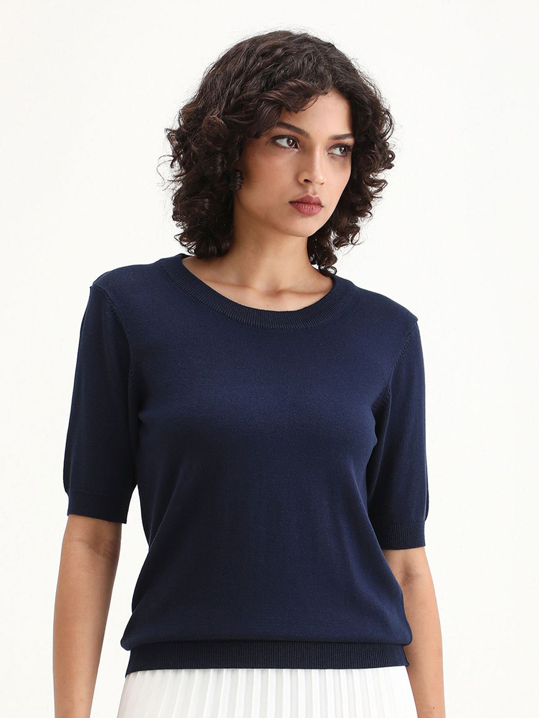 RAREISM Women Navy Plain Half Sleeve Half Sleeve Regular Fit Sweater