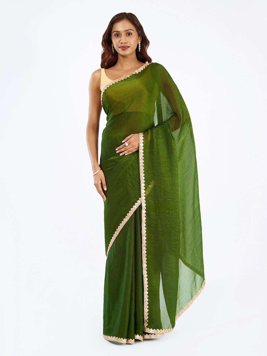 TEEJH Embellished Border Sequinned Pure Chiffon Saree