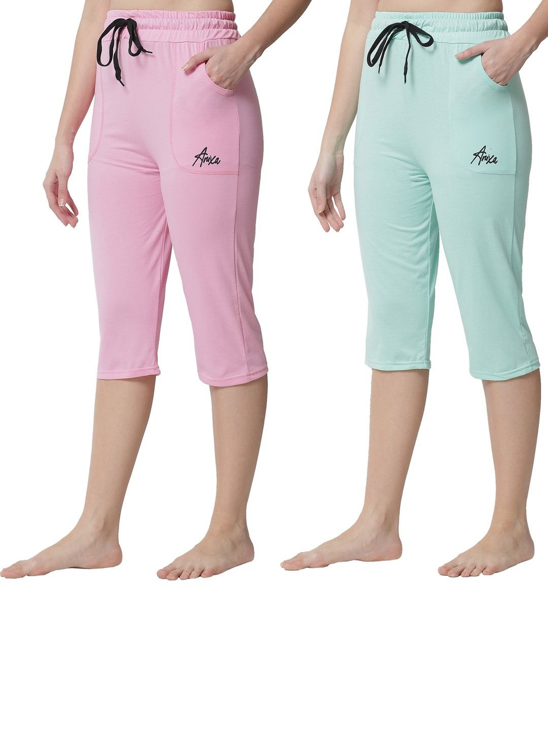 FIT N FAME Women Light Pink & Green Set Of 2 Cotton Casual Capris