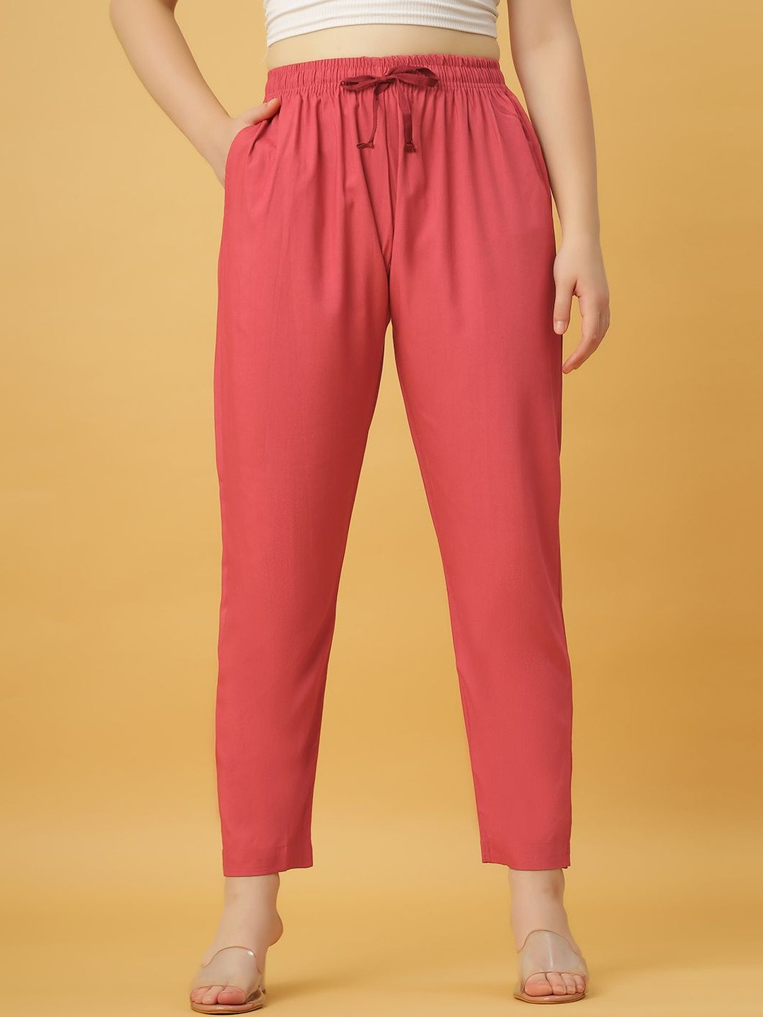 GANIX FASHION THAT DEFINE YOU Women Rasberry Relaxed Straight Fit High-Rise Trousers