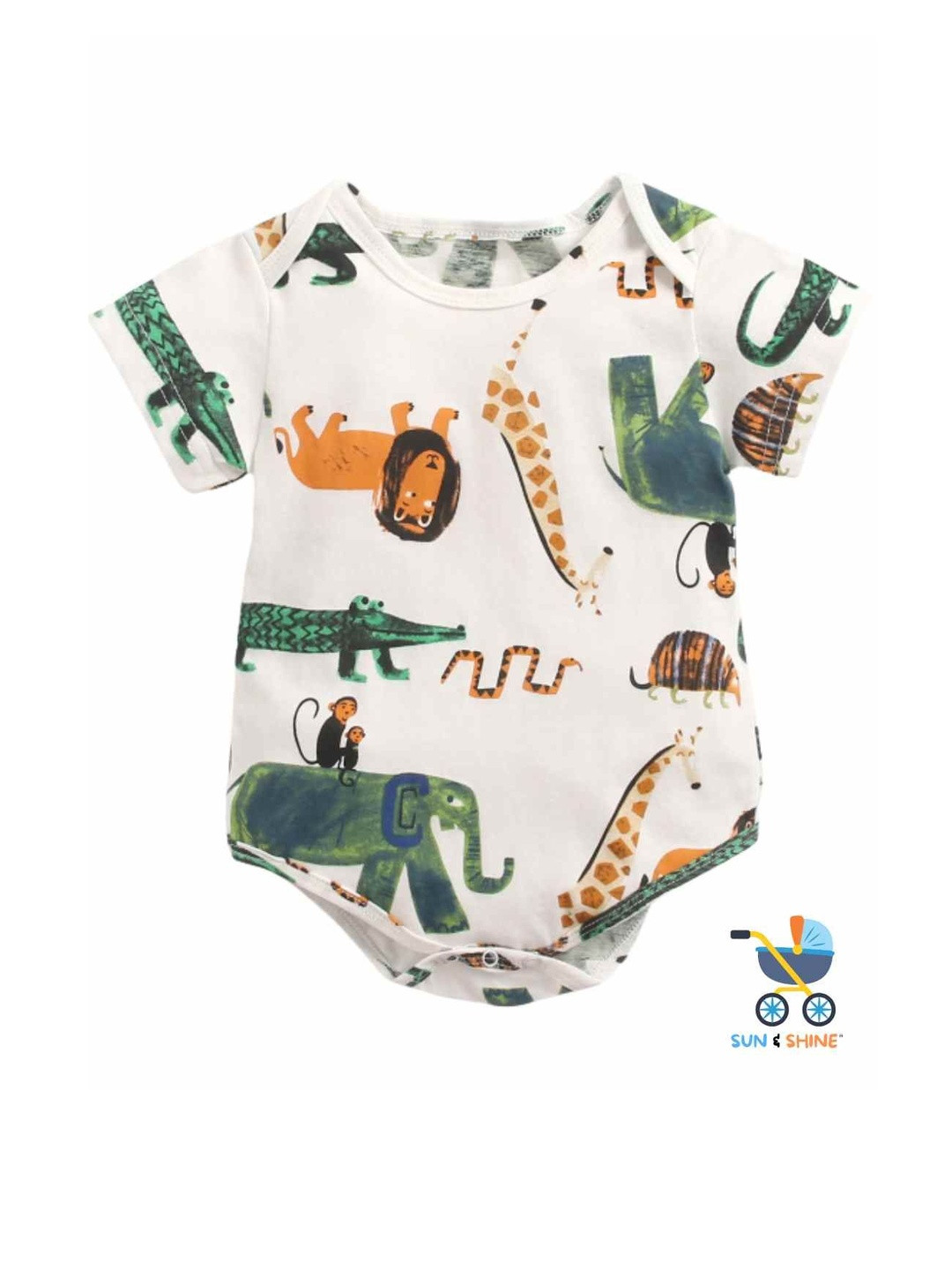 Sun & Shine Unisex Kids White Animal Kingdom Cotton Casual Rompers