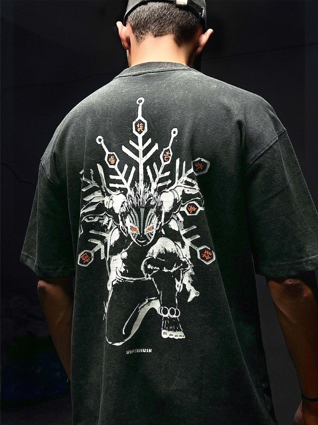 WHITE HUSK Akaza Demon Slayer Anime Printed Cotton Oversized Tshirt