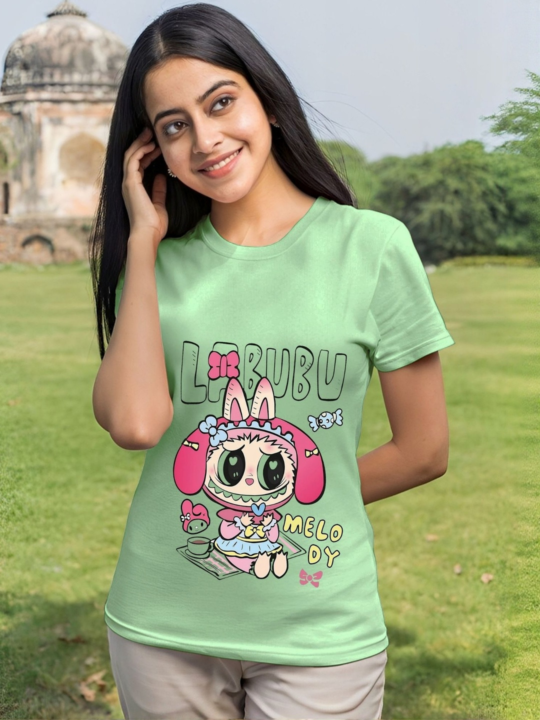 Kushi Flyer Women Green & Pink Graphic Printed Round Neck Polyester T-shirt