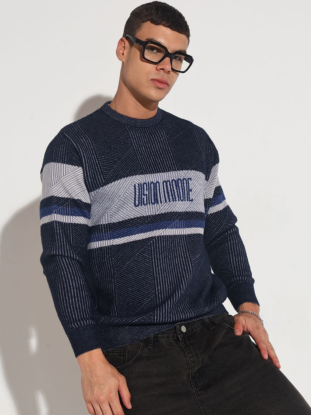 SHOWOFF Men's Typography Navy Blue Ribbed Sweater