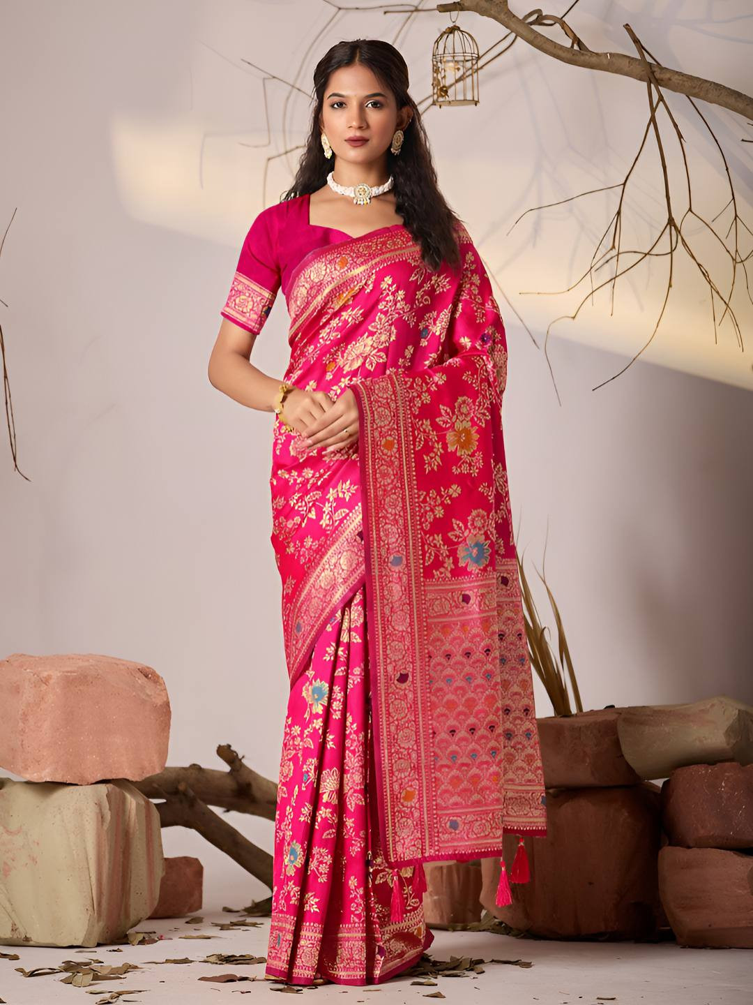 TINA FASHION Floral Woven Design Zari Banarasi Saree