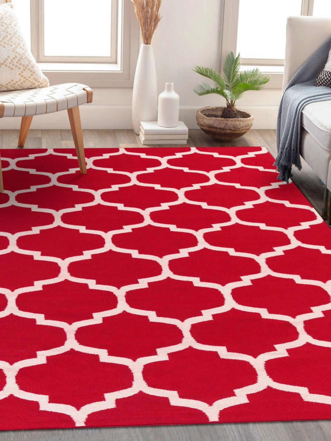Surya Living Red & White Geometric Anti-Skid Cotton Carpet