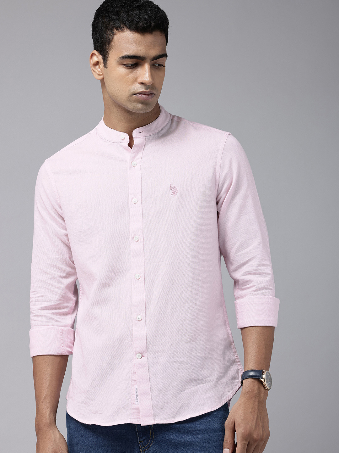U.S. Polo Assn. Cotton Linen Band Collar Tailored Fit Casual Shirt