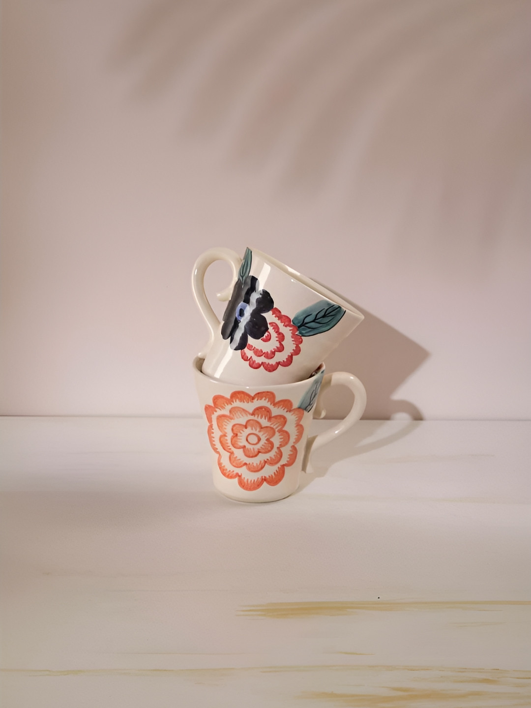 FREEDOM TREE Chrysanthemum 2Pcs White & Pink Hand Painted Ceramic Glossy Mugs- 350 ml Each