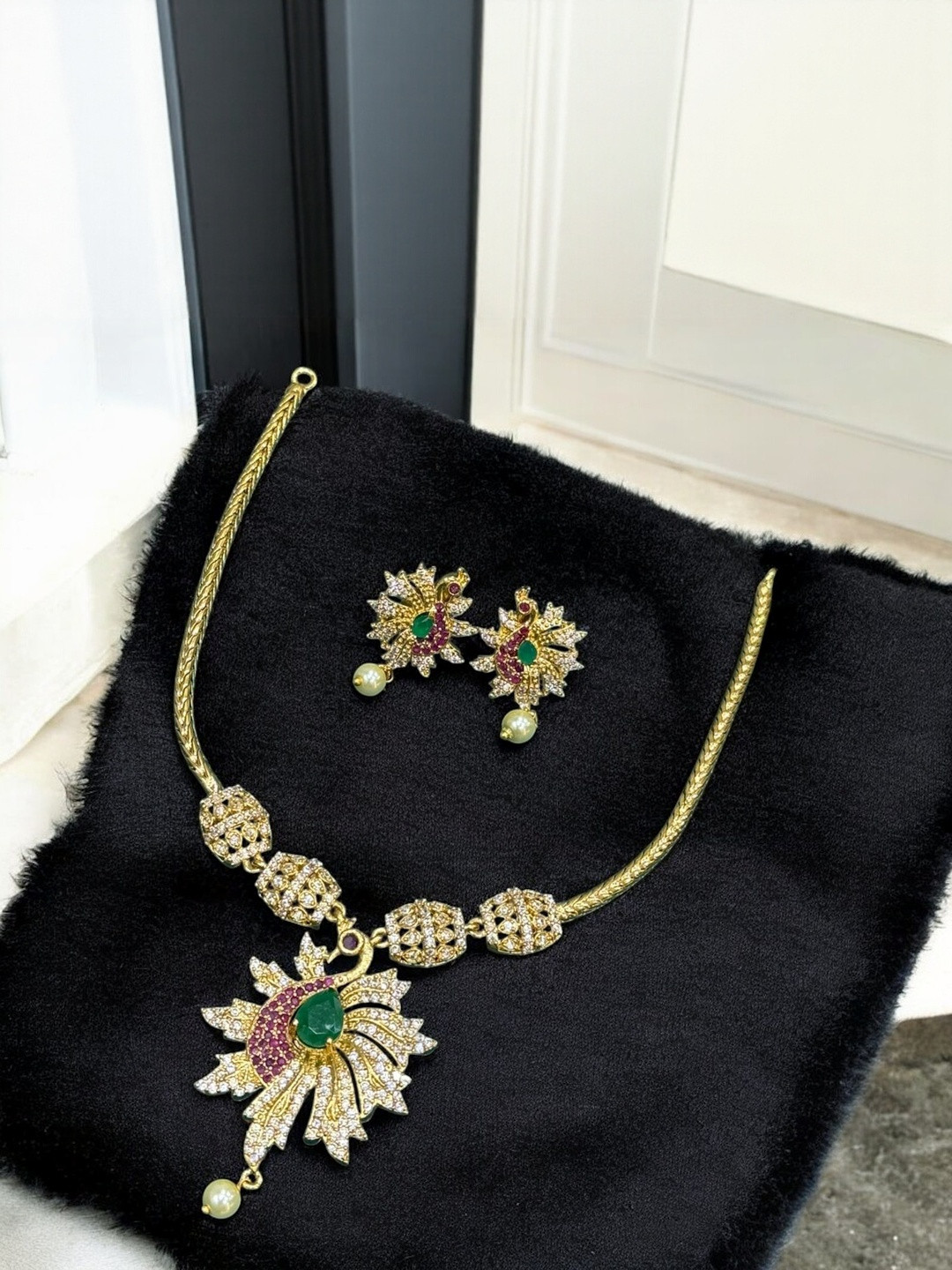 TEEMEX Gold Plated American Diamond Studded Jewellery Set