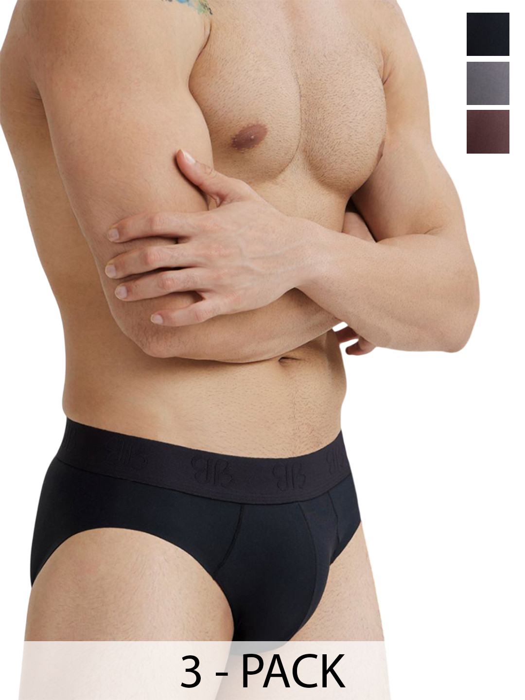 B'there Men Pack Of 3 Brand Logo Mid-Rise Basic Briefs U006_CBK_SGR_DBY
