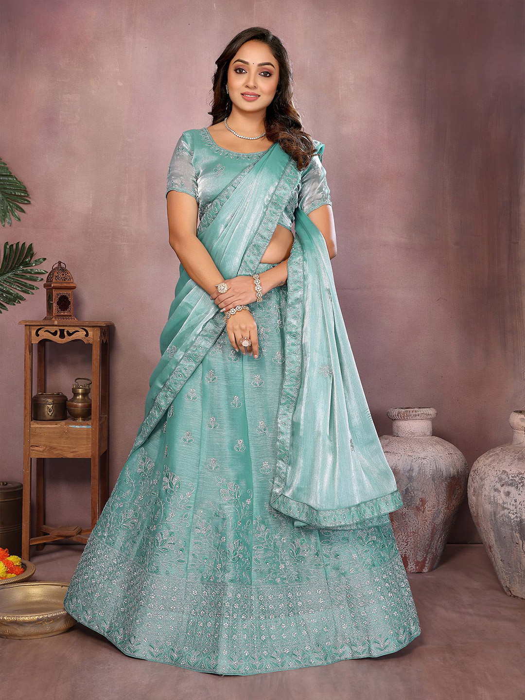 elora Embroidered Mulberry Silk Sequinned Semi-Stitched Lehenga & Blouse With Dupatta