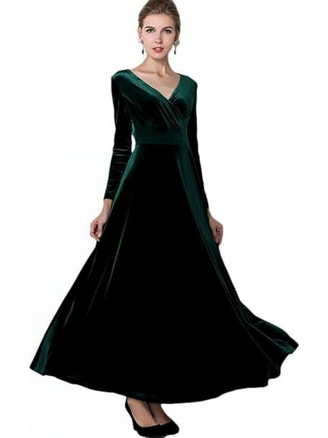 WESTCHIC Women Green Solid Velvet V-Neck Long Sleeve Party A-Line Maxi Dress