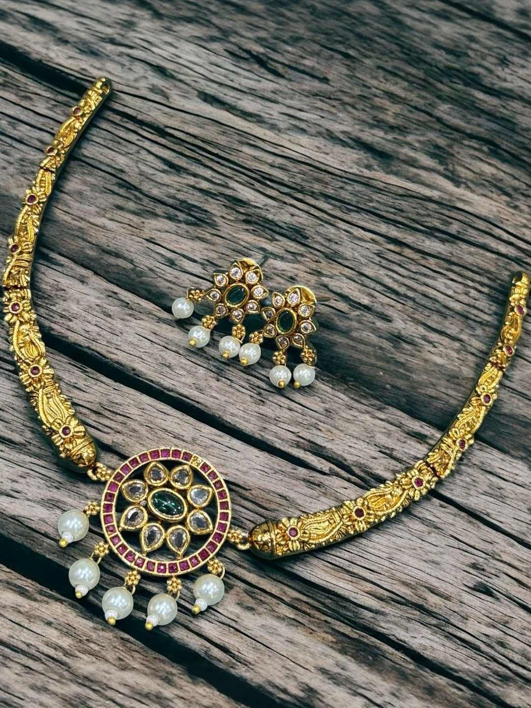 Hikaru Gold-Plated American Diamond Studded & Pearls Beaded Necklace And Earrings