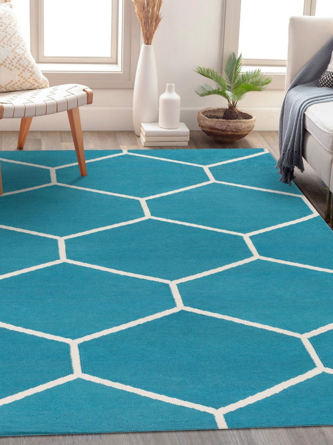 Surya Living Teal & Off White Geometric Anti-Skid Cotton Carpet