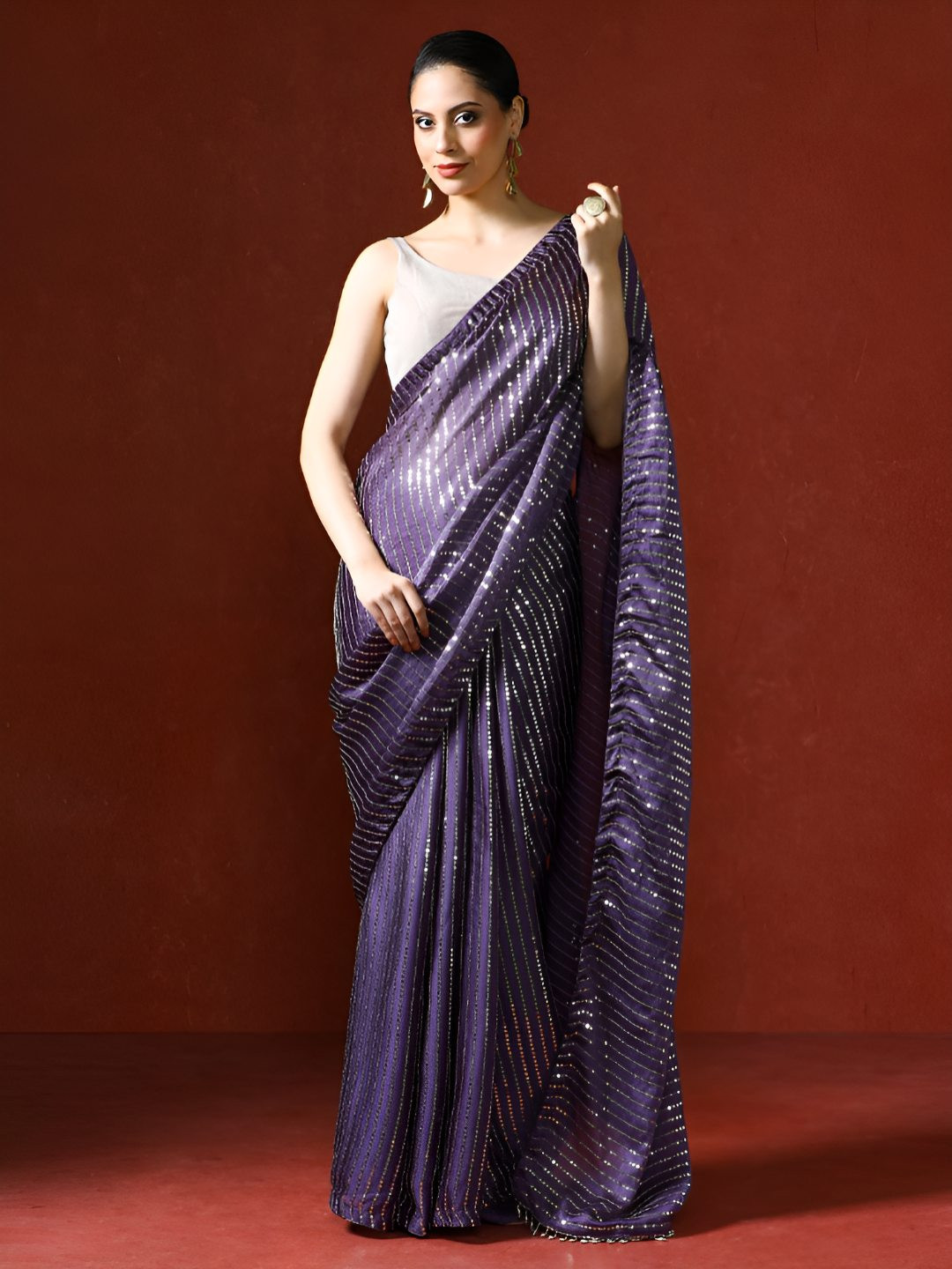 Mitera Women Purple Embellished Sequinned Heavy Work Saree