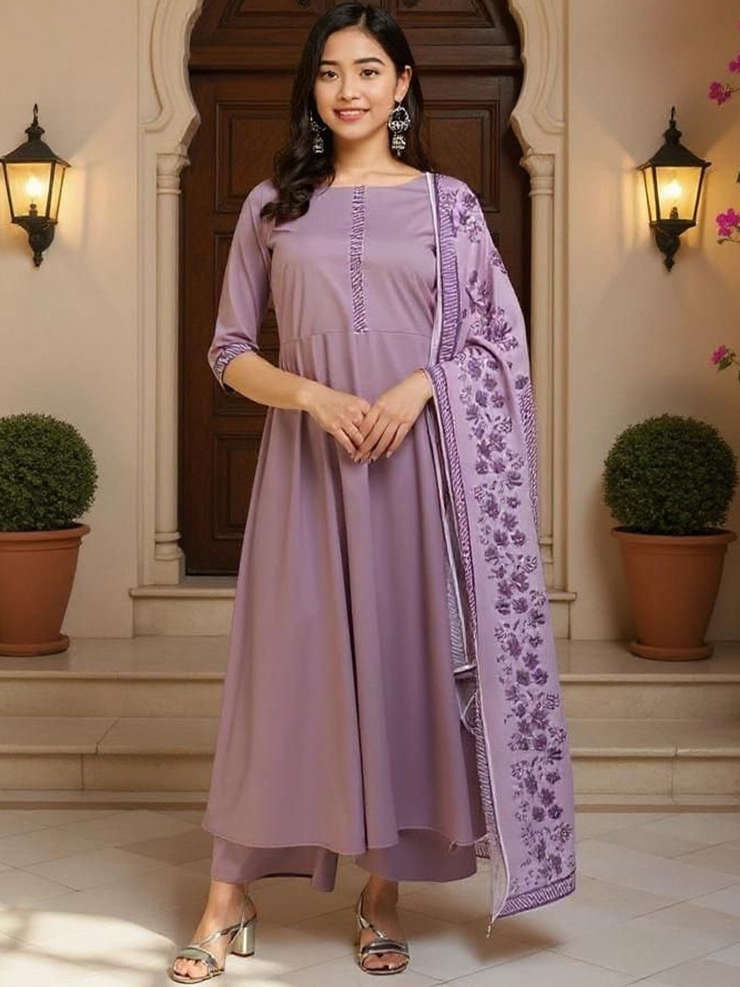 SZN Women Printed Boat Neck Pure Crepe A-Line Kurta With Printed Dupatta