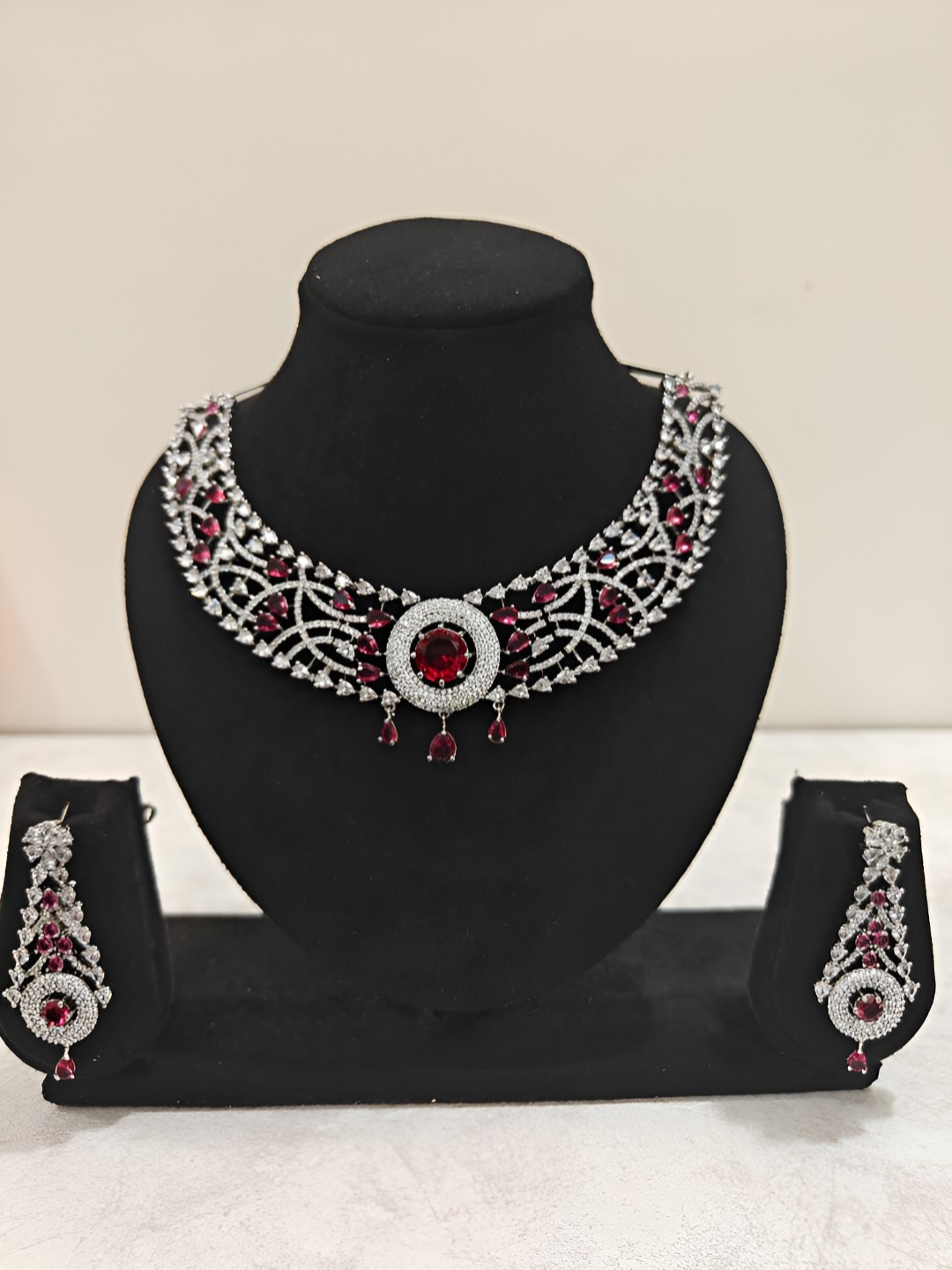 THEPANDASTOREE Silver Plated Ruby Red American Diamond Statement Necklace Set