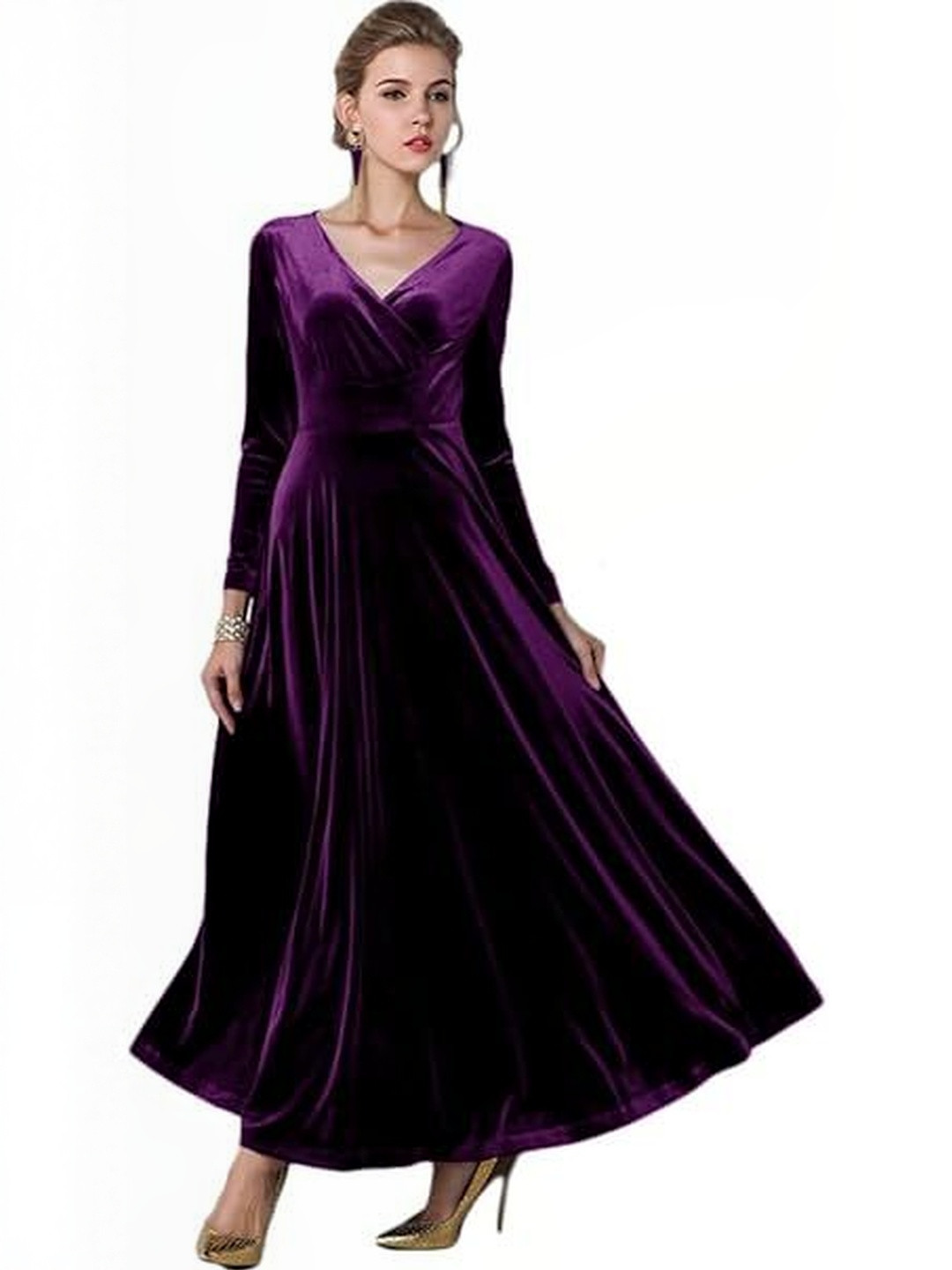 WESTCHIC  V-Neck Velvet Long Sleeve Cocktail Party A-Line Maxi Dress