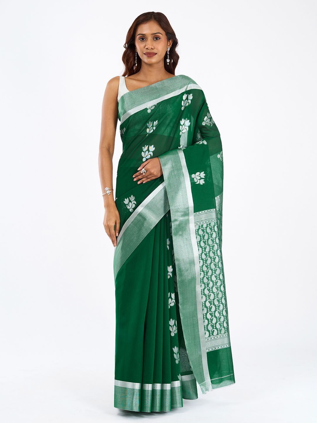 TEEJH Woven Design Zari Chilika Silk Cotton Bottle Green saree